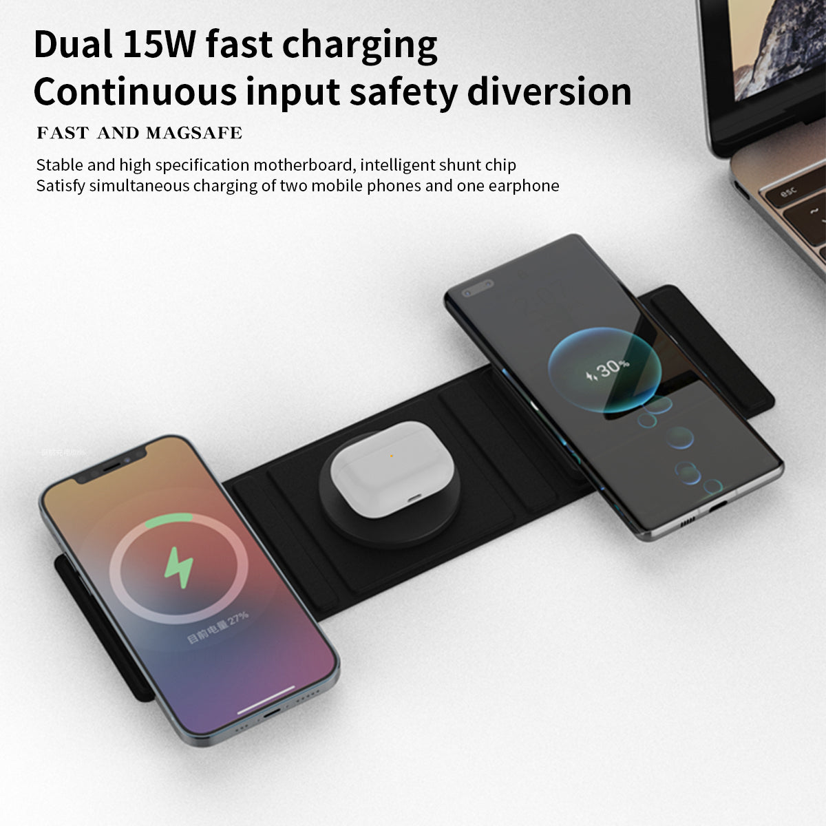 T31 . Dual 15W magnetic leather folding (3 in 1) wireless charger